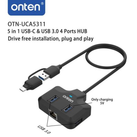 ONTEN (OTN-UCA5311) 5-in-1 USB-C & USB 3.0 Hub with Gigabit Ethernet , 4-Port USB LAN Adapter
