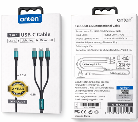 ONTEN (OTN-CC328) 3 in 1 USB-C Multifunctional Cable
