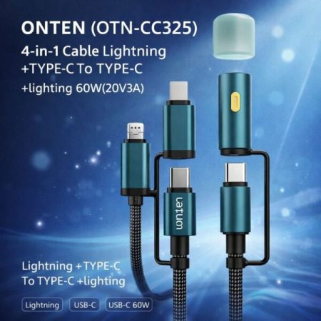 ONTEN (OTN-CC325) 4-in-1 Charging Cable: Lightning connector + USB-C to USB-C + cigarette lighter connector / 60 watts power
