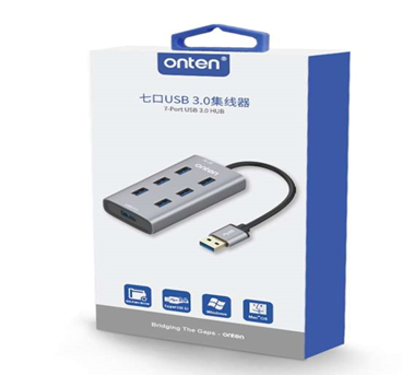 ONTEN (OTN-8108) 7-Port USB 3.0 Hub – Aluminum Alloy High-Speed USB Splitter with DC Power Input